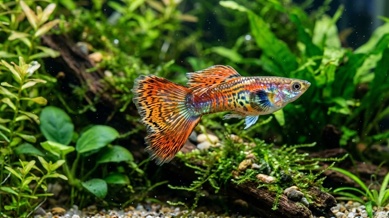un primer plano de un guppy macho de colores muy vivos nadando en un acuario plantado y limpio