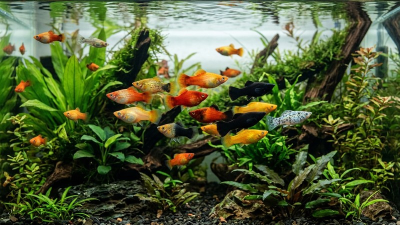 un grupo de peces vivíparos coloridos, como mollys y platys, nadando juntos en un acuario plantado
