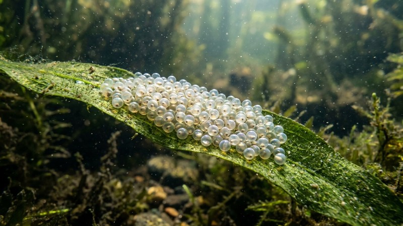 un primer plano de huevos de pez translúcidos y brillantes depositados sobre una hoja bajo el agua