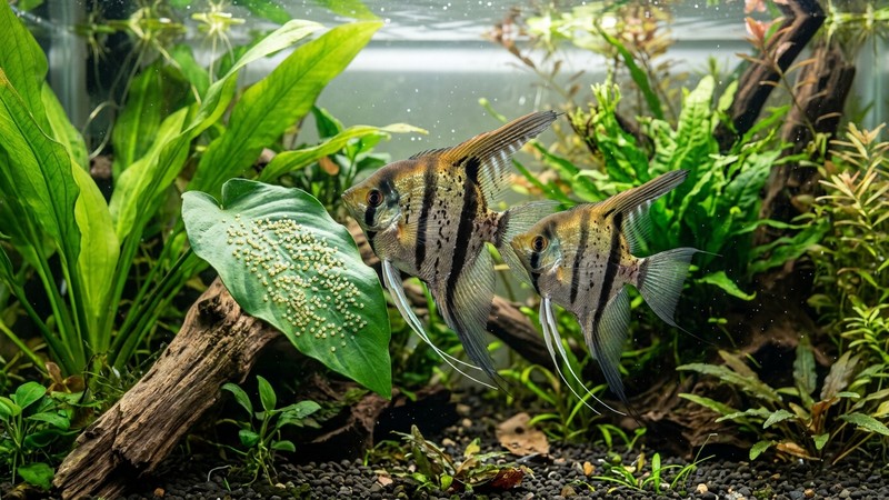 una pareja de peces ángel escalares junto a una hoja ancha con una puesta de huevos en un acuario plantado