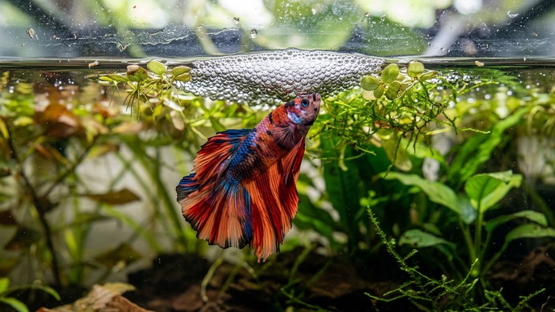 un nido de burbujas de betta en la superficie del agua con un macho de betta colorido debajo
