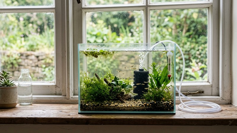 un pequeño acuario de cría sencillo con un filtro de esponja y unas plantas, junto a una ventana con luz suave