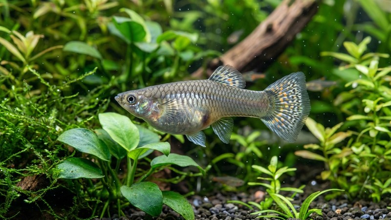 un primer plano de una hembra de guppy de vientre abultado y redondeado nadando en un acuario plantado