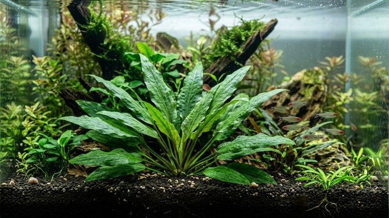 una cryptocoryne creciendo en roseta, con las hojas abriéndose hacia afuera desde un punto central en un acuario plantado limpio