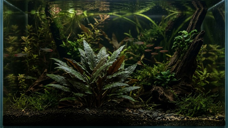 una cryptocoryne de hojas verdes firmes enterrada en un sustrato oscuro dentro de un acuario plantado de agua cristalina