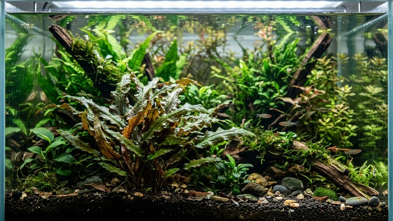 una cryptocoryne plantada sobre una capa generosa de sustrato nutritivo, con sus raíces gruesas ancladas al fondo de un acuario sano