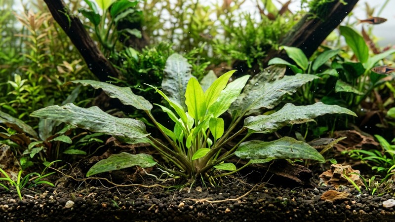 una cryptocoryne rebrotando con hojas nuevas verdes y brillantes desde el centro de la roseta en un acuario plantado