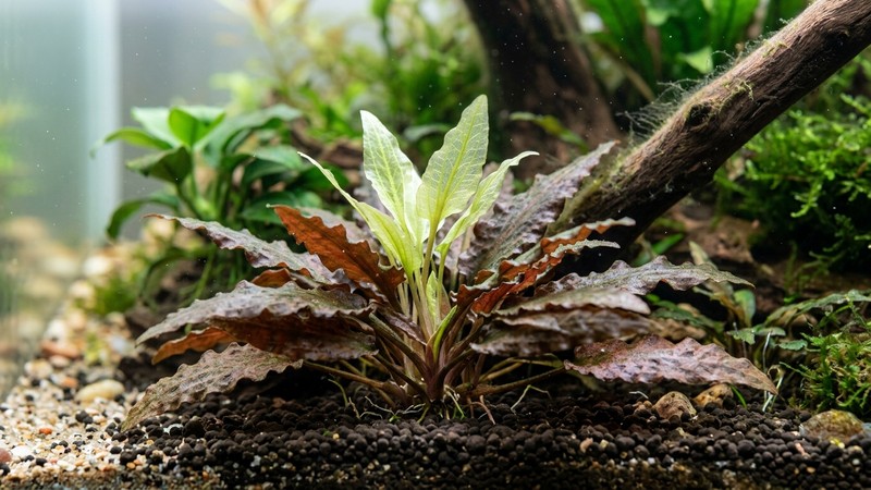 una cryptocoryne con hojas nuevas y translúcidas brotando desde el centro, adaptándose a la vida sumergida en un acuario limpio