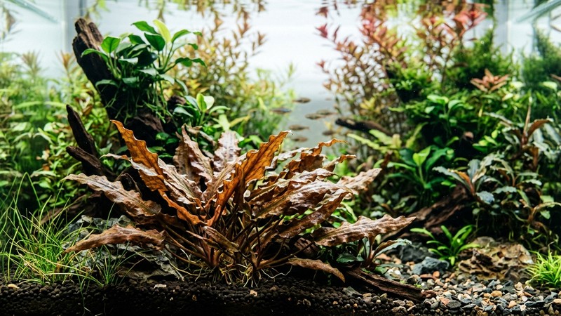 una cryptocoryne de hojas firmes en una zona sombreada y tranquila de un acuario plantado con luz suave y tenue