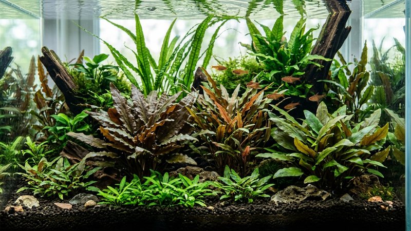 varias variedades de cryptocoryne de distintos tamaños y colores, verdes, marrones y rojizas, en un mismo acuario plantado