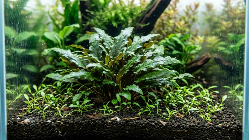 una cryptocoryne madre rodeada de pequeñas plantas hijas que brotan alrededor sobre el sustrato de un acuario plantado