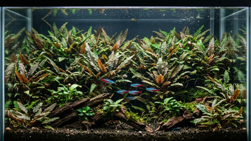 una alfombra densa de cryptocoryne cubriendo el fondo de un acuario plantado maduro y sano