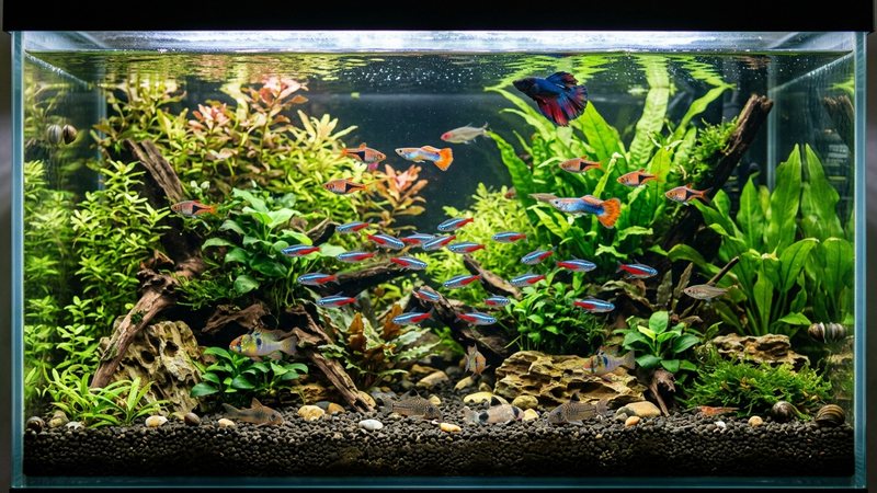 un acuario comunitario sano y equilibrado con varios peces de colores nadando entre plantas verdes y agua cristalina