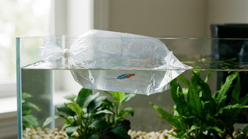 un pez nuevo dentro de una bolsa transparente flotando en la superficie de un acuario pequeño y limpio