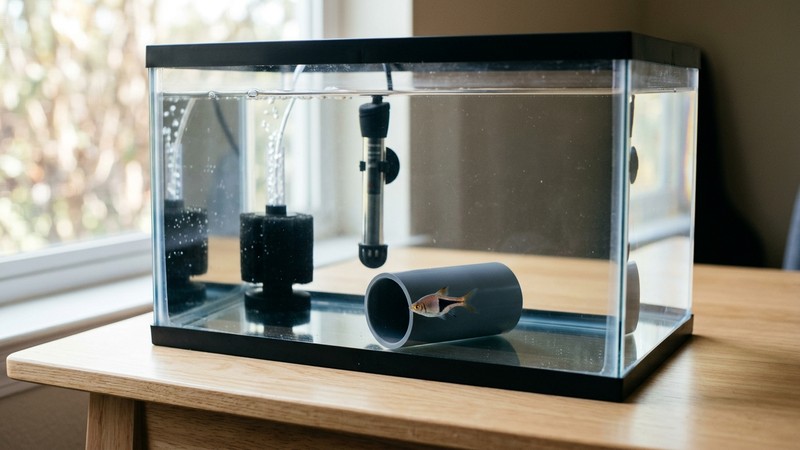 un acuario de cuarentena pequeño y sencillo con un único pez tranquilo y un escondite de tubo de plástico