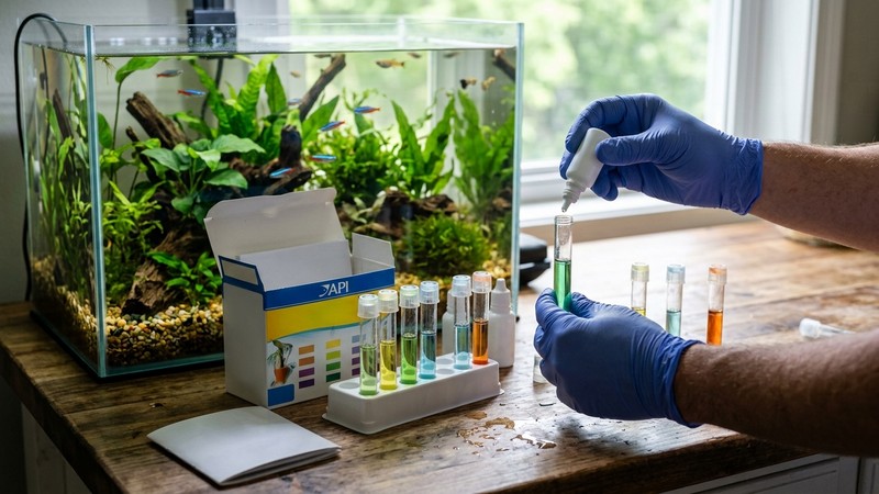 unas manos midiendo los parámetros del agua con un kit de test junto a un acuario pequeño y limpio