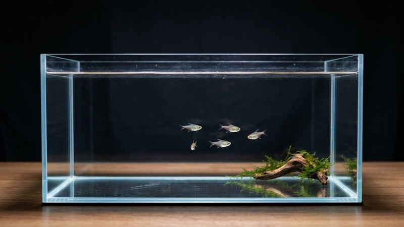 un acuario pequeño de fondo desnudo con cristal muy limpio y una lámina de fondo oscura, agua transparente
