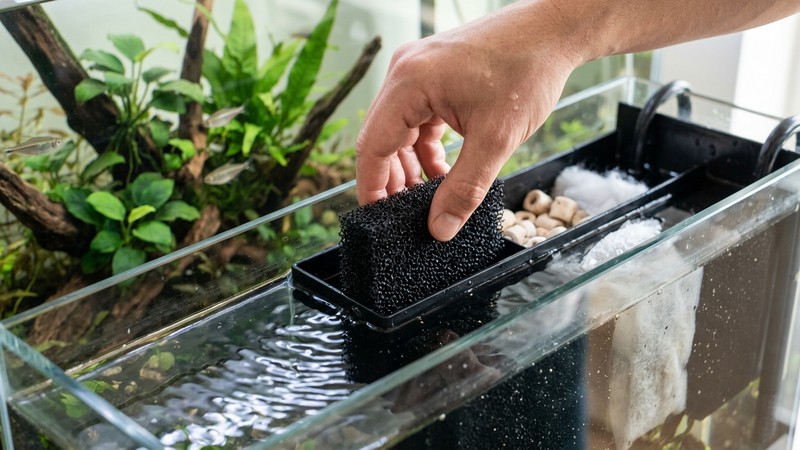 unas manos colocando una esponja de filtro dentro de un acuario principal plantado y sano