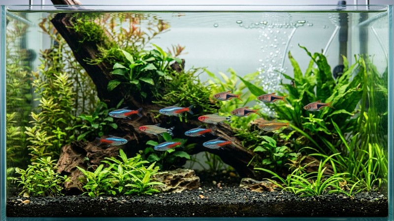 un pez sano y vigoroso nadando en un acuario comunitario limpio y plantado con agua cristalina