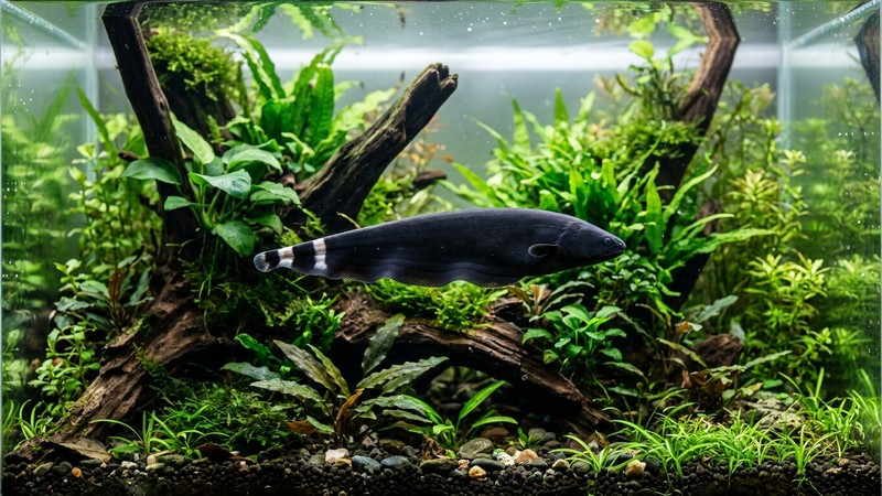un pez cuchillo negro de cuerpo oscuro nadando en el centro de un acuario plantado de agua totalmente cristalina, con vegetación verde y maderas al fondo