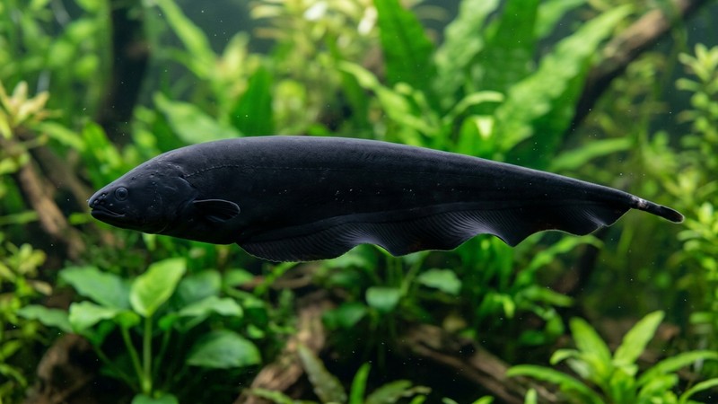 un primer plano lateral de un pez cuchillo negro mostrando su larga aleta anal que recorre todo el vientre en forma de onda, cuerpo negro liso sin aletas dorsales visibles, sobre fondo suave de plantas verdes