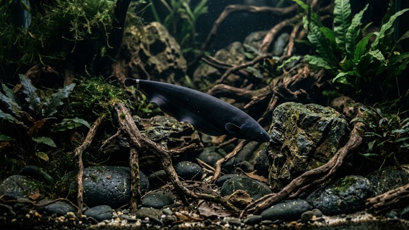 un pez cuchillo negro explorando el fondo entre rocas y raíces en la penumbra de un acuario de agua clara, cuerpo oscuro recorriendo cada rincón