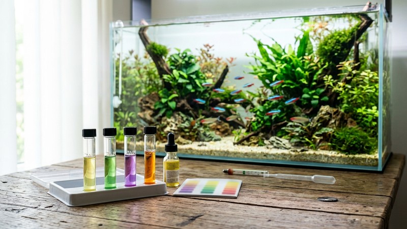 un kit de test de agua con tubos de colores en reposo sobre una mesa, junto a un acuario plantado de agua totalmente cristalina al fondo