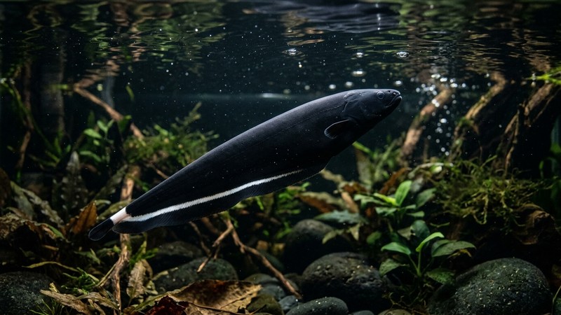 un pez cuchillo negro acercándose sereno a la superficie del agua en un acuario en penumbra de agua cristalina, cuerpo negro con la franja blanca de la cola bien visible