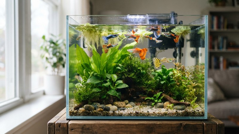 un acuario pequeño y sano con peces guppy de colores vivos nadando cerca de la superficie, agua cristalina y plantas verdes al fondo, luz suave entrando por la ventana
