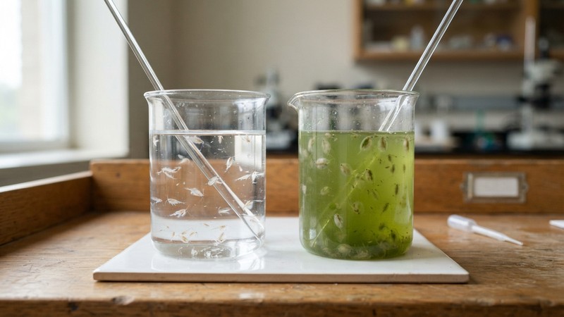 dos recipientes transparentes uno junto al otro sobre una mesa, uno con agua salada clara y otro con agua dulce verdosa, ambos con pequeños crustáceos en suspensión, comparación limpia y ordenada