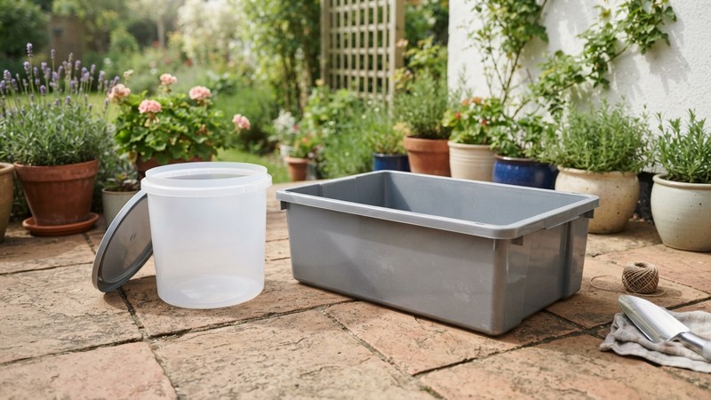una tina y un contenedor plástico de boca ancha vacíos y limpios preparados sobre un suelo de patio, listos para montar un cultivo, ambiente doméstico ordenado