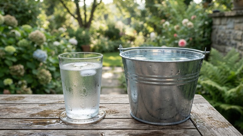 un vaso de agua transparente reposando junto a una cubeta llena de agua limpia sobre una mesa exterior, gotas de condensación, ambiente sereno y luminoso
