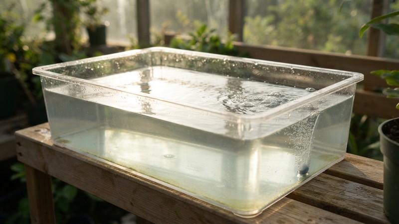 un contenedor de cultivo con agua templada iluminada por sol directo suave, superficie tranquila sin apenas movimiento, unas microburbujas finas de una aireación muy suave en un rincón