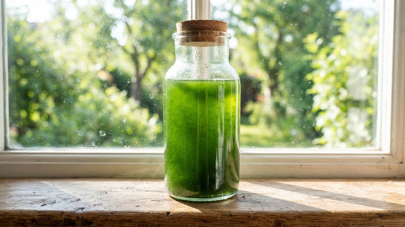 una botella de vidrio llena de agua verde intensa de microalga viva apoyada a contraluz sobre un alféizar soleado, el color verde brillante muy saturado y natural