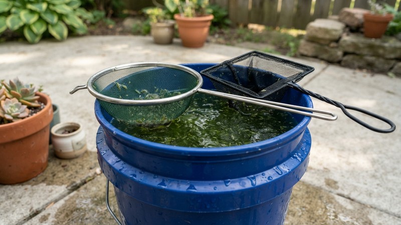 un colador de malla fina y una red de acuario apoyados en el borde de una cubeta con cultivo de dafnia, objetos en reposo junto al agua verdosa, ambiente limpio de patio