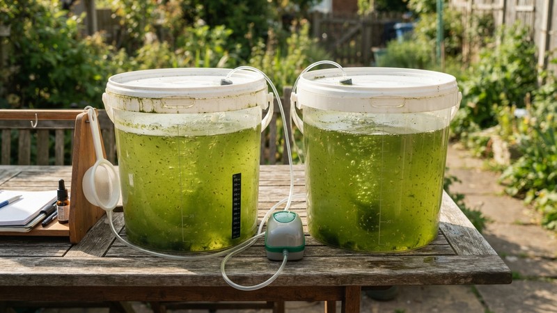 dos cubetas idénticas de cultivo de pulga de agua colocadas lado a lado sobre una mesa exterior, ambas con agua ligeramente verde bajo el sol, sistema de respaldo ordenado