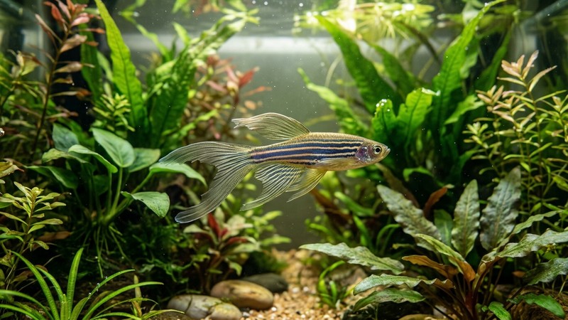 un pez cebra de aleta larga con las aletas amplias ondeando mientras nada en un acuario plantado