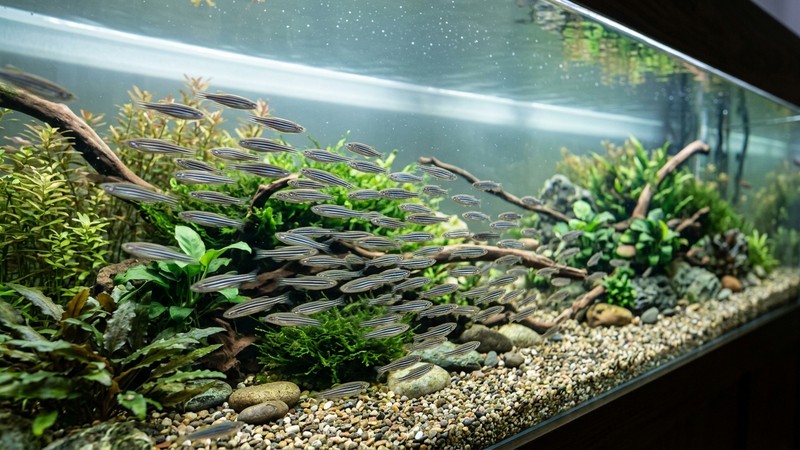 un cardumen de peces cebra recorriendo a toda velocidad un acuario alargado de mucha base y poca altura, con agua limpia
