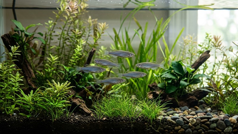 un acuario largo y bajo bien plantado con un grupo de peces cebra desplegando su nado enérgico