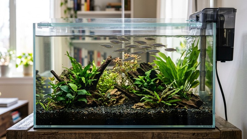 un acuario con tapa de cristal y un filtro de cascada en funcionamiento, con peces cebra nadando cerca de la superficie