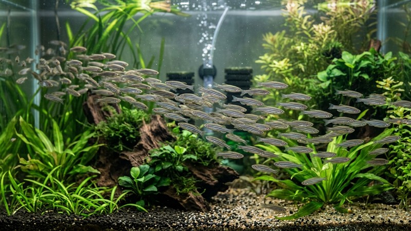 un cardumen numeroso de peces cebra nadando en formación por un acuario plantado lleno de movimiento