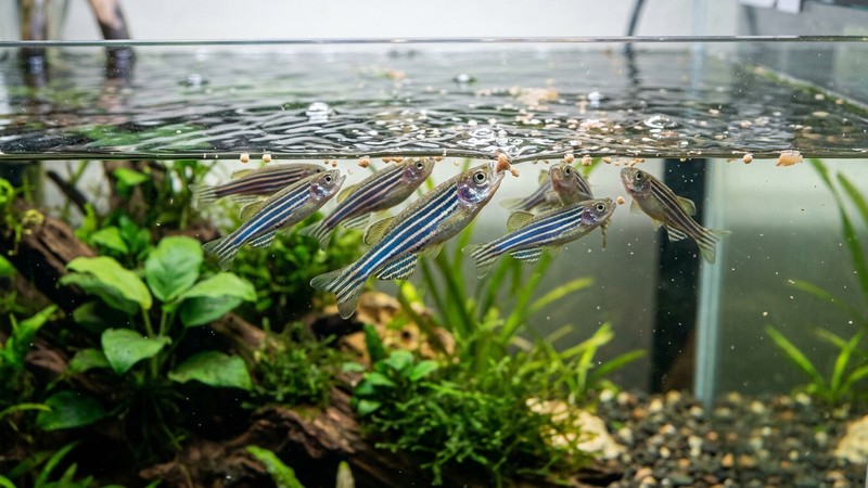 peces cebra alimentándose de pequeñas partículas flotando en la superficie del agua de un acuario