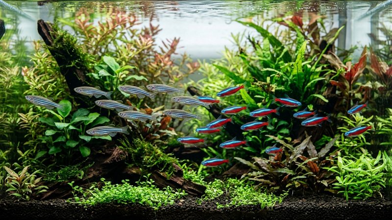 peces cebra activos conviviendo con tetras rápidos de tamaño parecido en un acuario comunitario limpio y plantado