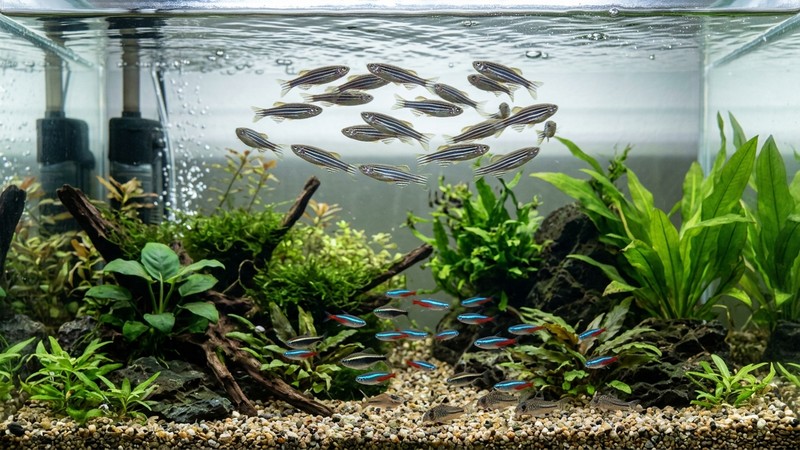 un grupo de peces cebra nadando enérgicamente en la parte alta de un acuario mientras peces tranquilos permanecen abajo