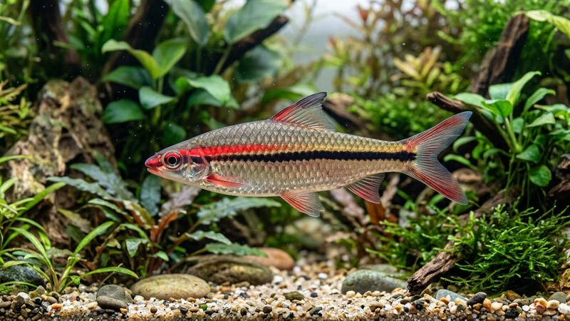 un barbo Denison de perfil mostrando con nitidez su silueta hidrodinámica de proyectil, cuerpo plateado con la línea roja y la línea negra bien marcadas, sobre un fondo de acuario plantado con agua limpia