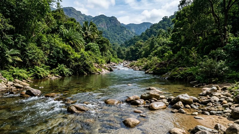 un río tropical de montaña en el sur de la India, aguas cristalinas y frescas con algo de corriente, rocas lisas, arena clara y vegetación verde en las orillas, sin peces en primer plano
