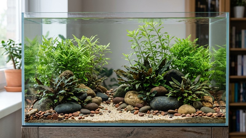 un acuario biotopo asiático con arena clara, grava lisa de tonos rojizos, cantos rodados y plantas frondosas tipo Hygrophila y Cryptocoryne, agua muy cristalina, sin peces
