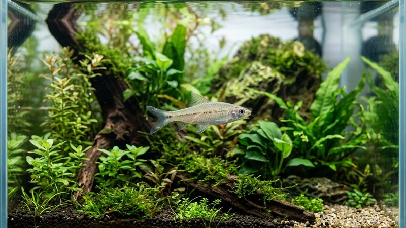 un barbo Denison juvenil, plateado y delgado, sin la línea roja desarrollada y con la línea negra apenas insinuada en fragmentos, nadando en un acuario plantado limpio