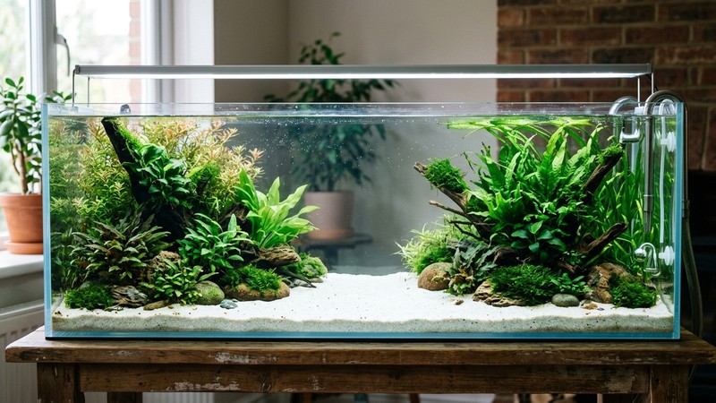 un acuario de agua dulce grande y alargado, de más de un metro de largo, con abundantes plantas, arena clara y agua cristalina, con una amplia zona central despejada para nadar, sin peces