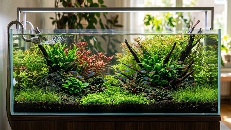 un acuario plantado con la salida del filtro moviendo la superficie del agua, creando una ligera corriente y superficie oxigenada, plantas verdes sanas y agua muy limpia
